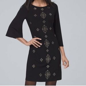 White House Black Market embellished shift dress sz XS black bell sleeve